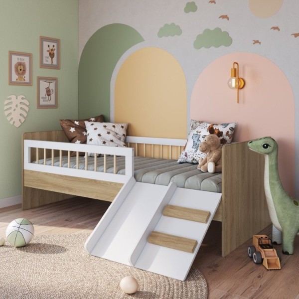Encontraproduto.com.br - Cama Montessoriana de Solteiro com Escada e Escorrega cor Aveiro OAK com Branco com Colchão Incluso Aveiro/Branco