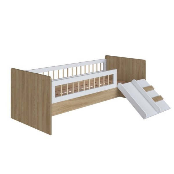 Encontraproduto.com.br - Cama Montessoriana de Solteiro com Escada e Escorrega cor Aveiro OAK com Branco com Colchão Incluso Aveiro/Branco