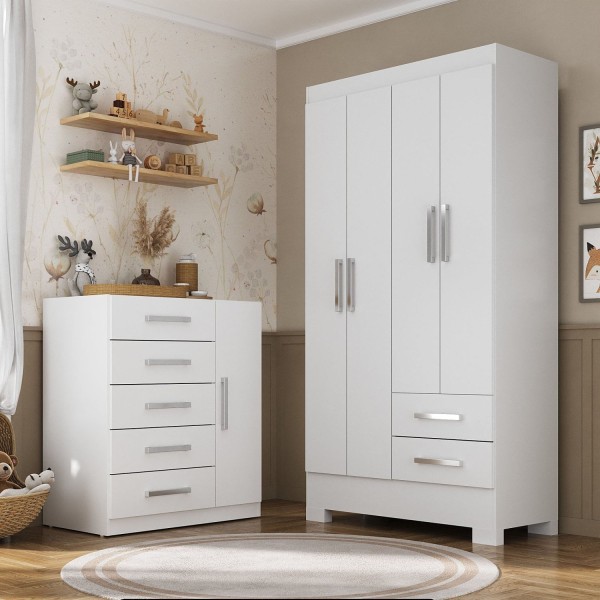 Encontraproduto.com.br - Quarto Infantil Completo Guarda Roupa 4 Portas 2 Gavetas Com Cômoda Amy Espresso Móveis Branco
