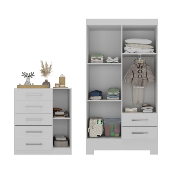 Encontraproduto.com.br - Quarto Infantil Completo Guarda Roupa 4 Portas 2 Gavetas Com Cômoda Amy Espresso Móveis Branco