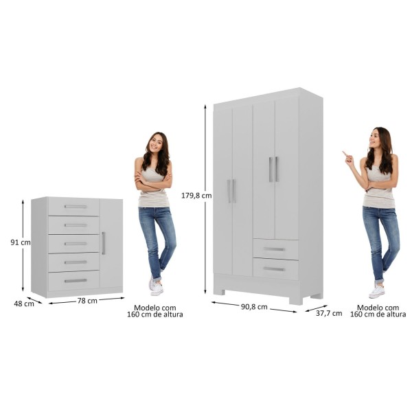 Encontraproduto.com.br - Quarto Infantil Completo Guarda Roupa 4 Portas 2 Gavetas Com Cômoda Amy Espresso Móveis Branco