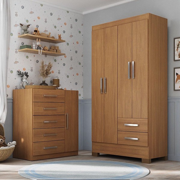 Encontraproduto.com.br - Quarto Infantil Completo Guarda Roupa 4 Portas 2 Gavetas Com Cômoda Amy Espresso Móveis Cinamomo