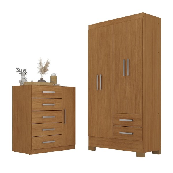 Encontraproduto.com.br - Quarto Infantil Completo Guarda Roupa 4 Portas 2 Gavetas Com Cômoda Amy Espresso Móveis Cinamomo
