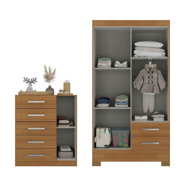 Encontraproduto.com.br - Quarto Infantil Completo Guarda Roupa 4 Portas 2 Gavetas Com Cômoda Amy Espresso Móveis Cinamomo