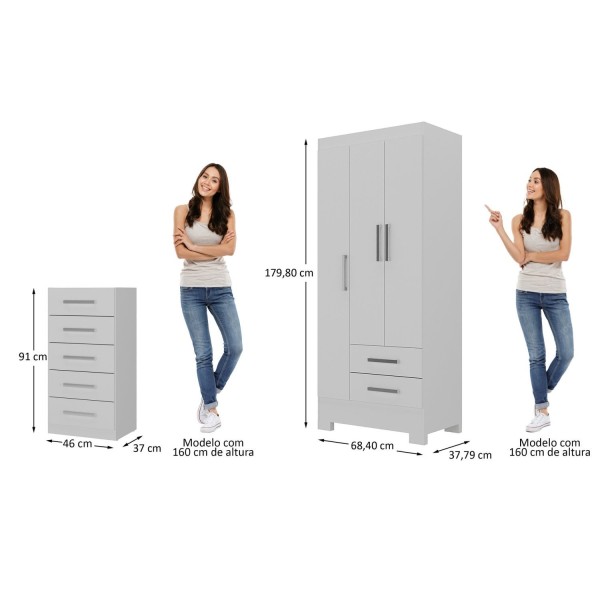 Encontraproduto.com.br - Quarto Infantil Completo Guarda Roupa 3 Portas 2 Gavetas Com Cômoda 5 Gavetas Amy Espresso Móveis Branco