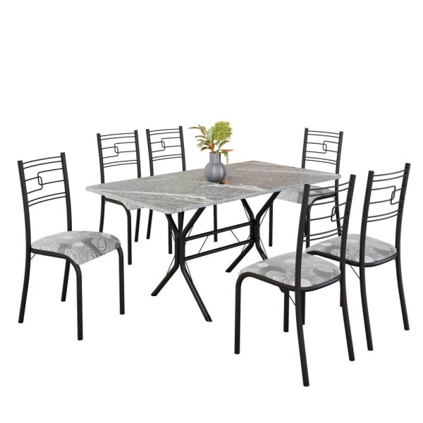 Encontraproduto.com.br - Conjunto Sala De Jantar Mesa Retangular 140x75cm Tampo Granito Topázio 6 Cadeiras Paraty Paraopeba- Preto Fosco