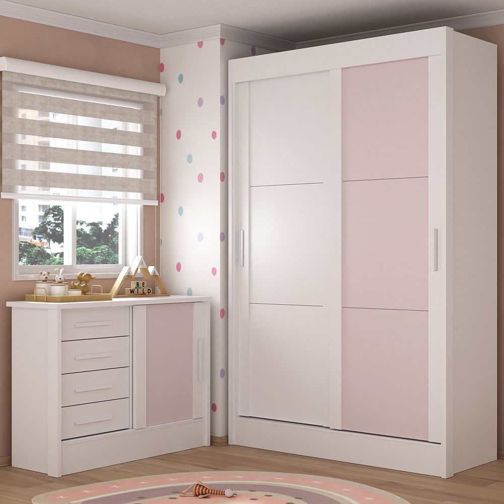 Quarto Infantil Completo Guarda-roupa 2 Portas 2 Gavetas Com Cômoda Maya Espresso Móveis Branco-rosa