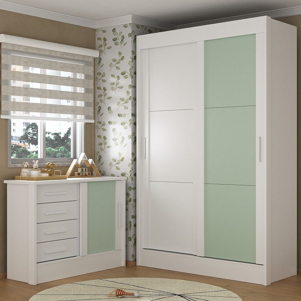 Encontraproduto.com.br - Quarto Infantil Completo Guarda-roupa 2 Portas 2 Gavetas Com Cômoda Maya Espresso Móveis Branco-verde