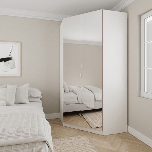 Guarda Roupa De Canto Closet Com 6 Prateleiras E Portas De Espelho Modular Hera Cabecasa Madeiramade Branco Geada-louro
