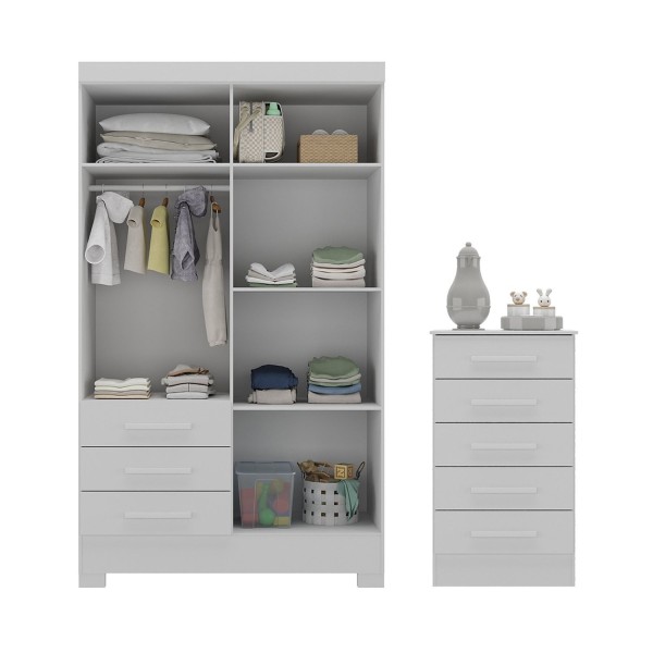 Encontraproduto.com.br - Quarto Infantil Completo Guarda Roupa 4 Portas 3 Gavetas Com Cômoda Kit Cat Espresso Móveis Branco