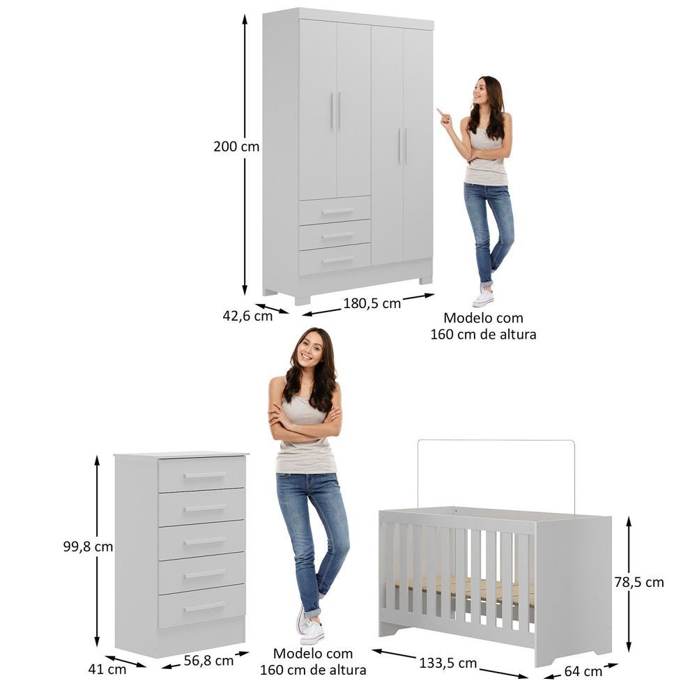 Encontraproduto.com.br - Quarto De Bebê Completo Guarda Roupa 4 Portas 3 Gavetas Com Cômoda E Berço Kit Cat Branco