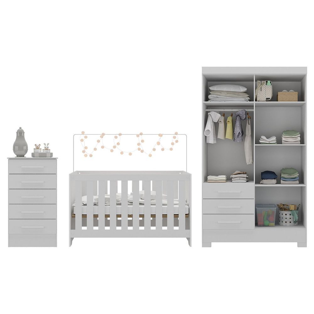 Encontraproduto.com.br - Quarto De Bebê Completo Guarda Roupa 4 Portas 3 Gavetas Com Cômoda E Berço Kit Cat Branco