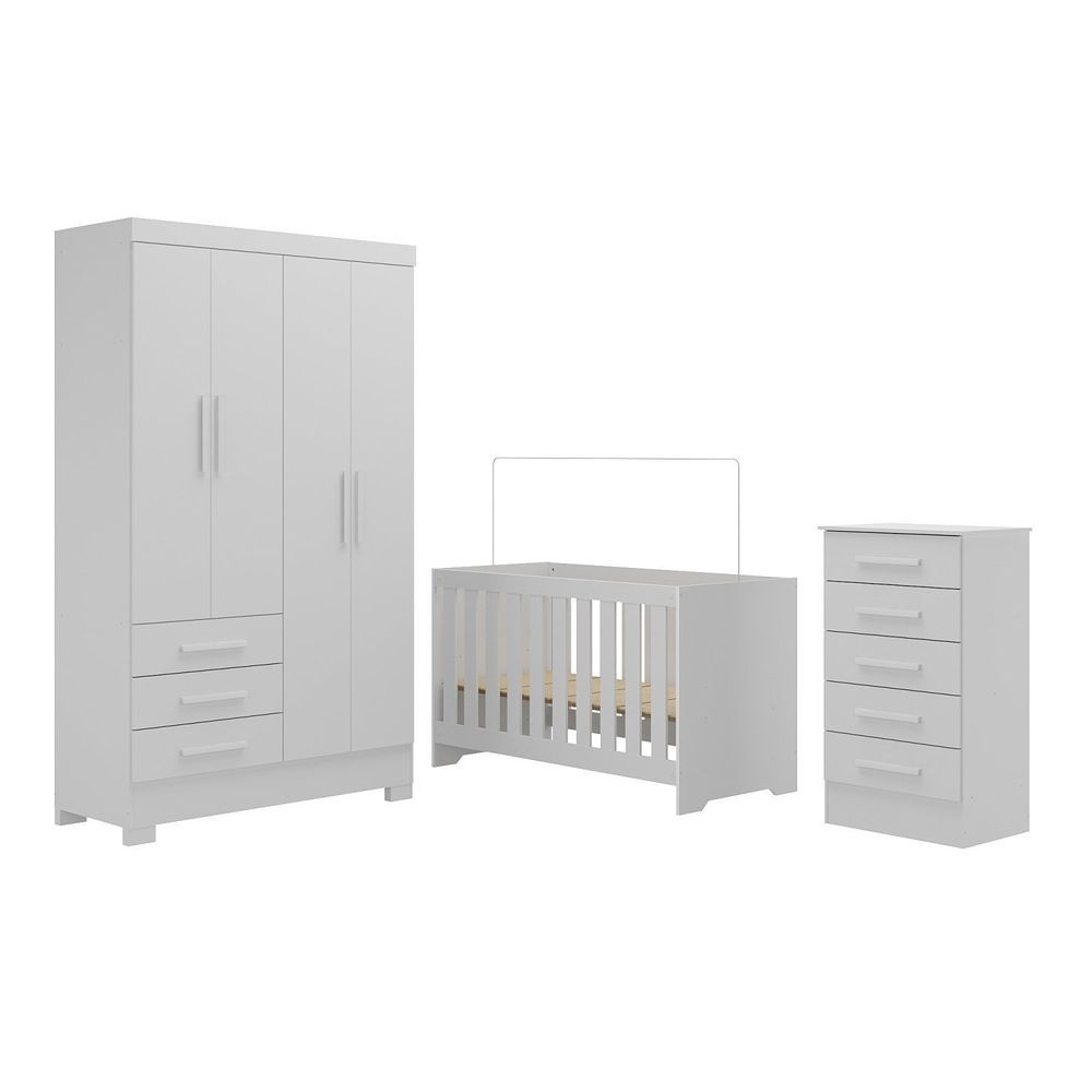 Encontraproduto.com.br - Quarto De Bebê Completo Guarda Roupa 4 Portas 3 Gavetas Com Cômoda E Berço Kit Cat Branco