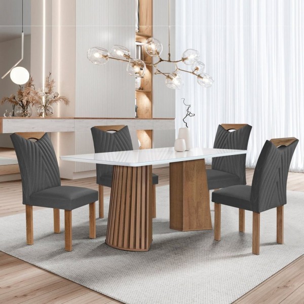Conjunto Mesa Stella Ripada 120cm Com 4 Cadeiras Stella Tampo Smart Plus Com Vidro Chocolate-off White-boucle Cinza