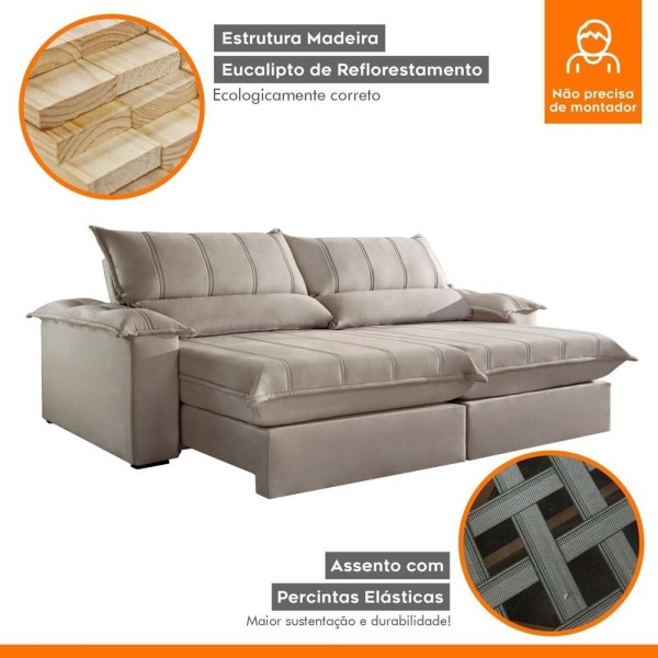 Encontraproduto.com.br - Sofá Retrátil E Reclinável Com Catraca Blindada 200cm Porto Bello New Couro Kalliope-bege