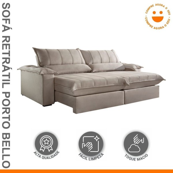 Encontraproduto.com.br - Sofá Retrátil E Reclinável Com Catraca Blindada 200cm Porto Bello New Couro Kalliope-bege