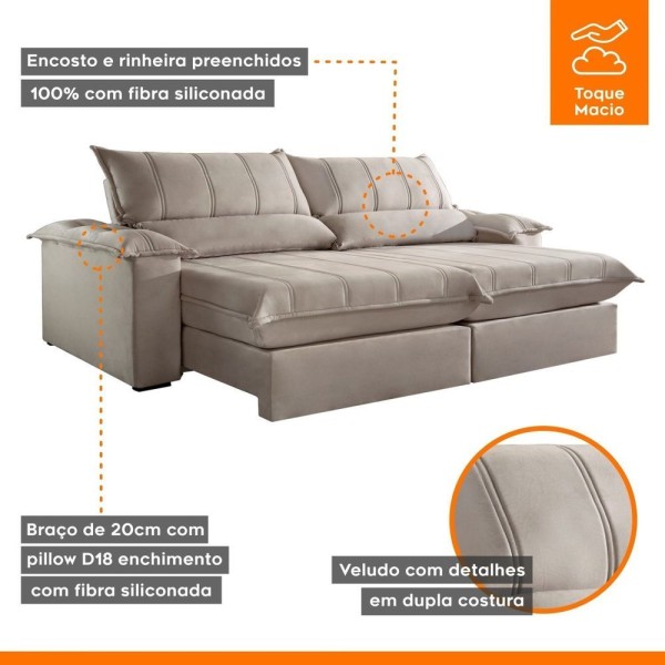 Encontraproduto.com.br - Sofá Retrátil E Reclinável Com Catraca Blindada 200cm Porto Bello New Couro Kalliope-bege