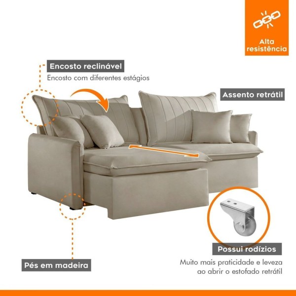 Encontraproduto.com.br - Sofá Cama Retrátil E Reclinável 200cm Flex Neruda Pet Friendly-bege