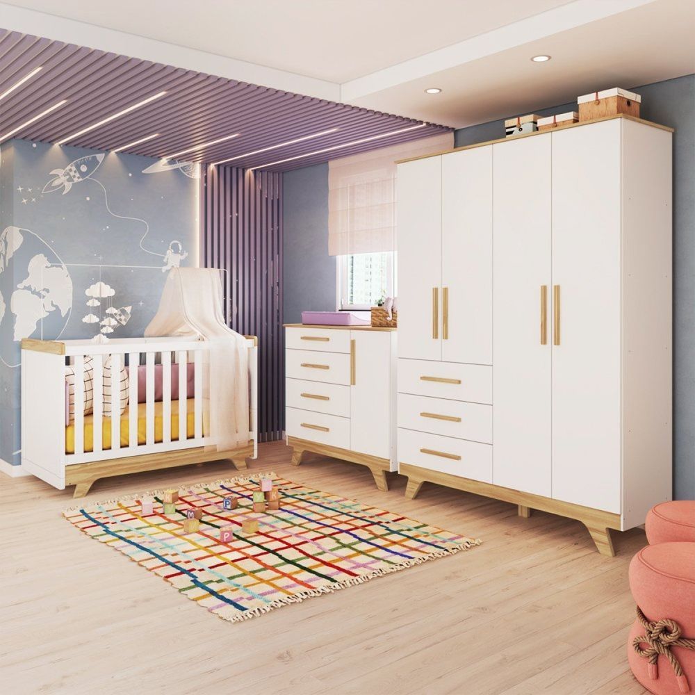 Quarto De Bebê Completo Com Guarda Roupa Cômoda E Berço 100% Mdf Jolie Retrô Espresso Móveis Branco Brilho-amêndoa