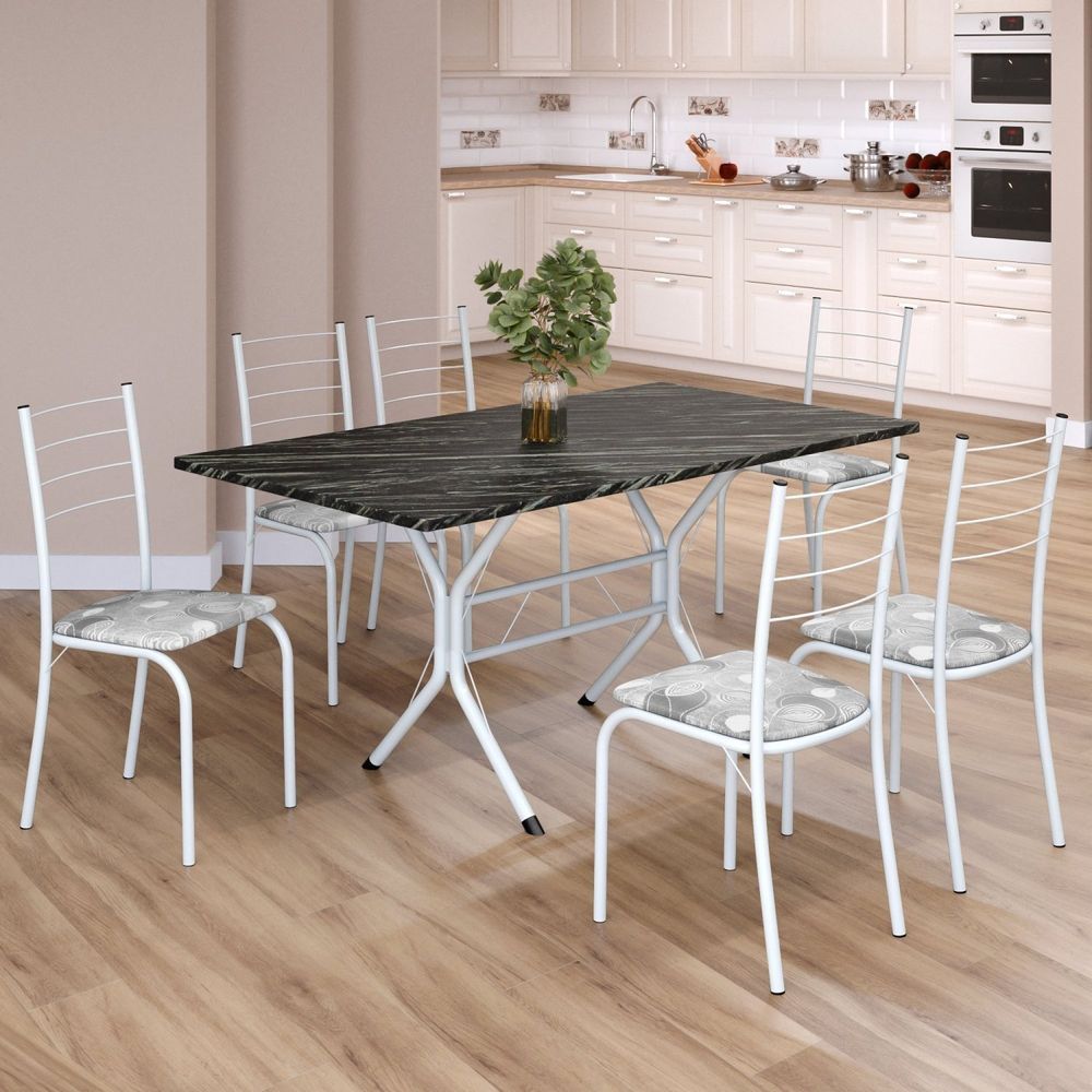 Conjunto Sala De Jantar Mesa Retangular 140x75cm Tampo Ardósia Indiana 6 Cadeiras Rio Paraopeba - Branco
