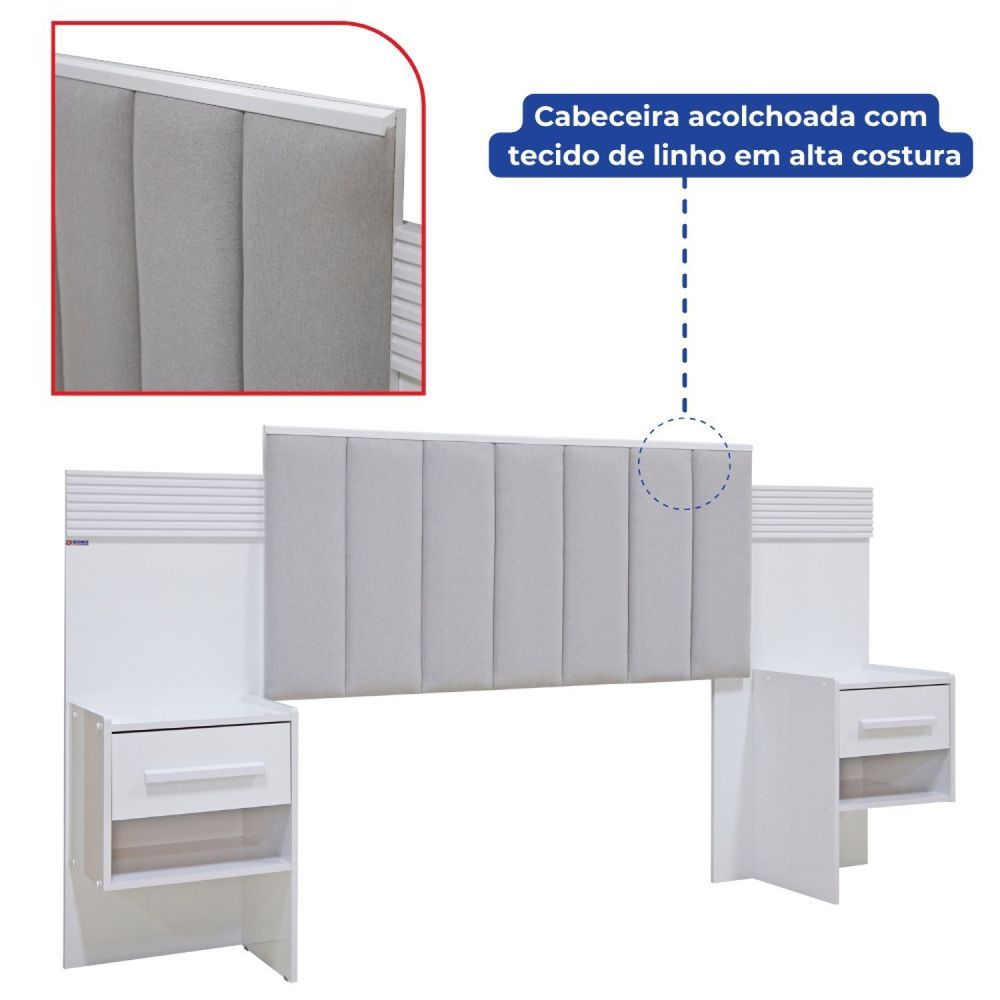 Encontraproduto.com.br - Cabeceira Casal 140cm Ripada 100% Mdf Estofada Isis Com 02 Mesas De Cabeceira Ype - Off White - Areia