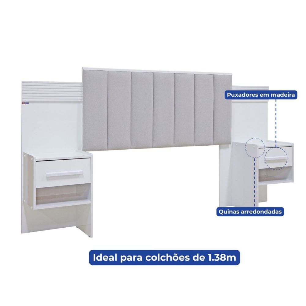 Encontraproduto.com.br - Cabeceira Casal 140cm Ripada 100% Mdf Estofada Isis Com 02 Mesas De Cabeceira Ype - Off White - Areia