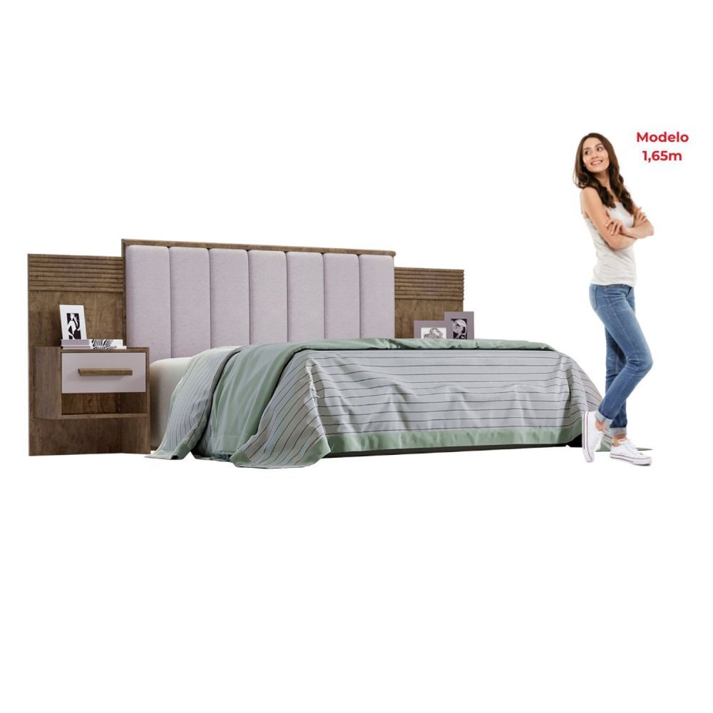 Encontraproduto.com.br - Cabeceira Casal 140cm Ripada 100% Mdf Estofada Isis Com 02 Mesas De Cabeceira Ype - Off White - Areia
