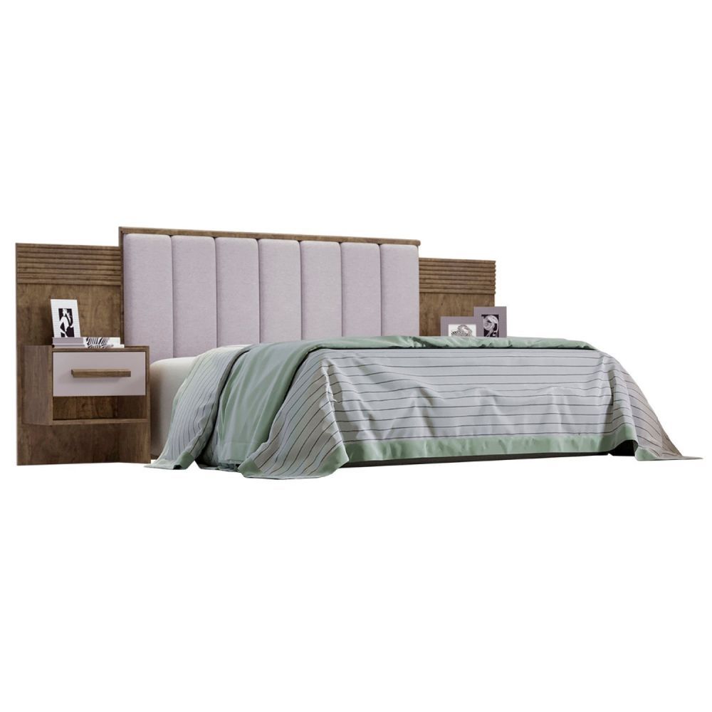 Encontraproduto.com.br - Cabeceira Casal 140cm Ripada 100% Mdf Estofada Isis Com 02 Mesas De Cabeceira Ype - Off White - Areia