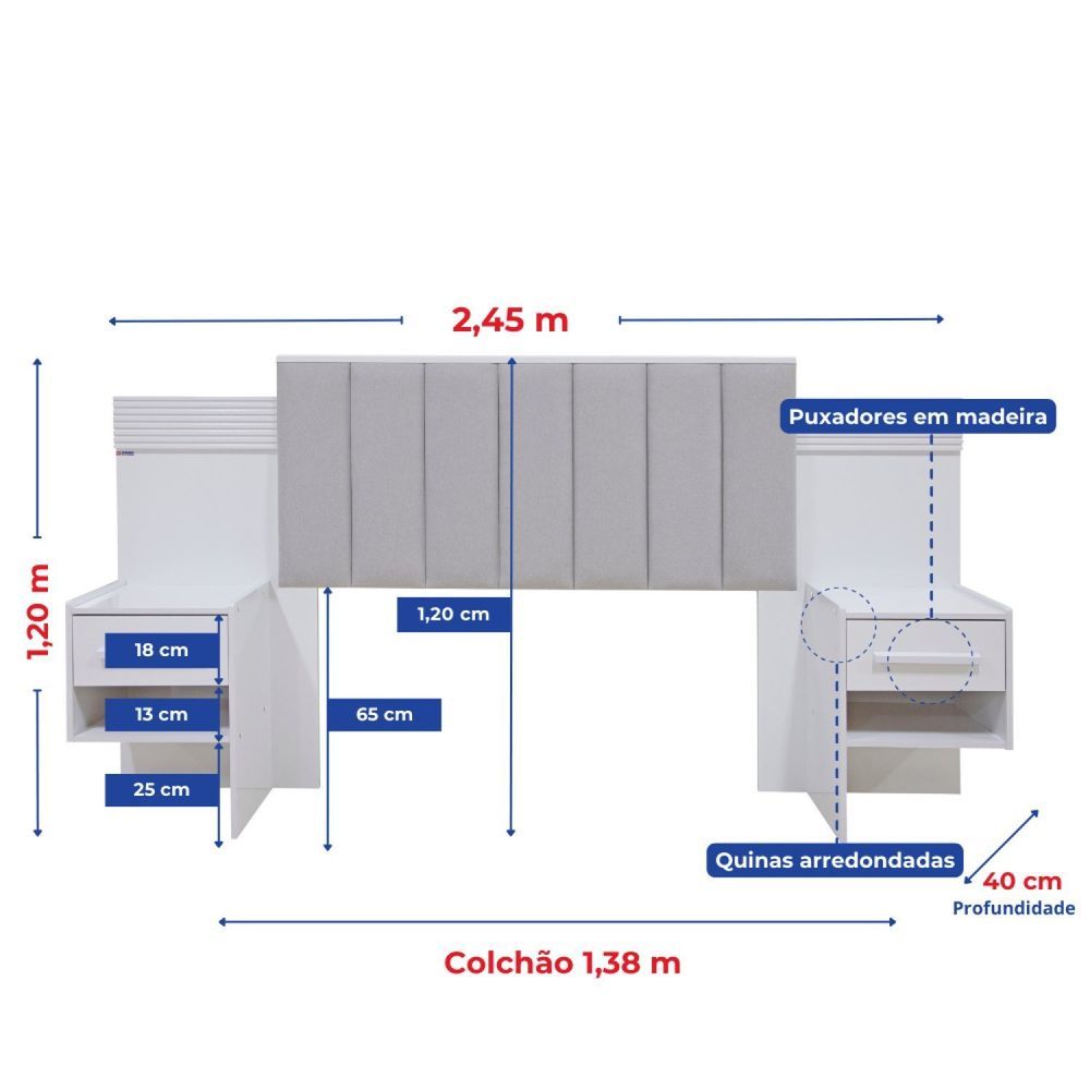 Encontraproduto.com.br - Cabeceira Casal 140cm Ripada 100% Mdf Estofada Isis Com 02 Mesas De Cabeceira Ype - Off White - Areia
