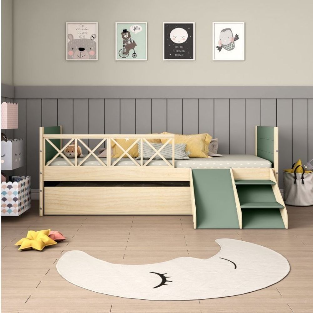 Bicama Solteiro Infantil Garden Com Kit Escadinha E Escorregador Casatema Verde-natural