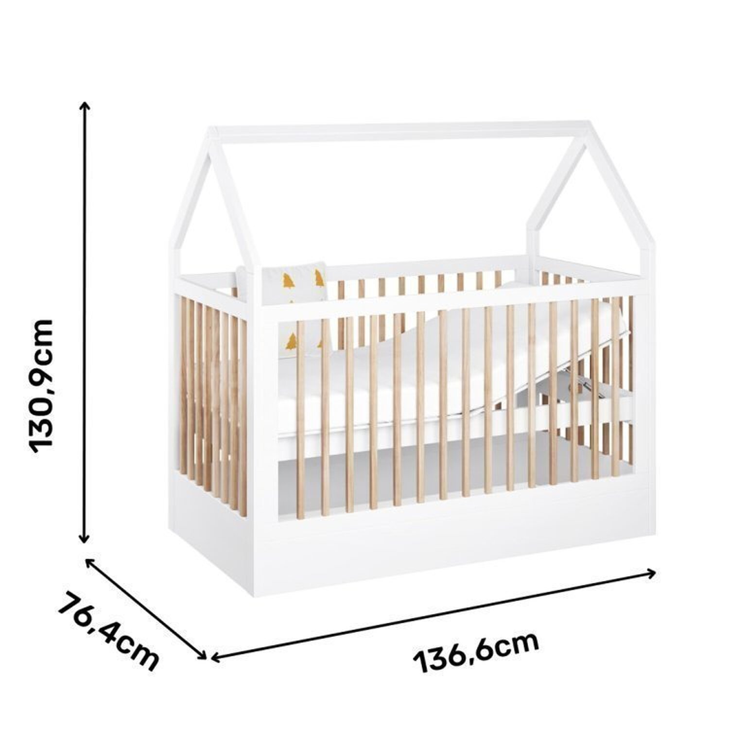 Encontraproduto.com.br - Berço Montessoriano Casinha com Colchão, Comoda e Roupeiro Coleção Wood Branco/Treviso