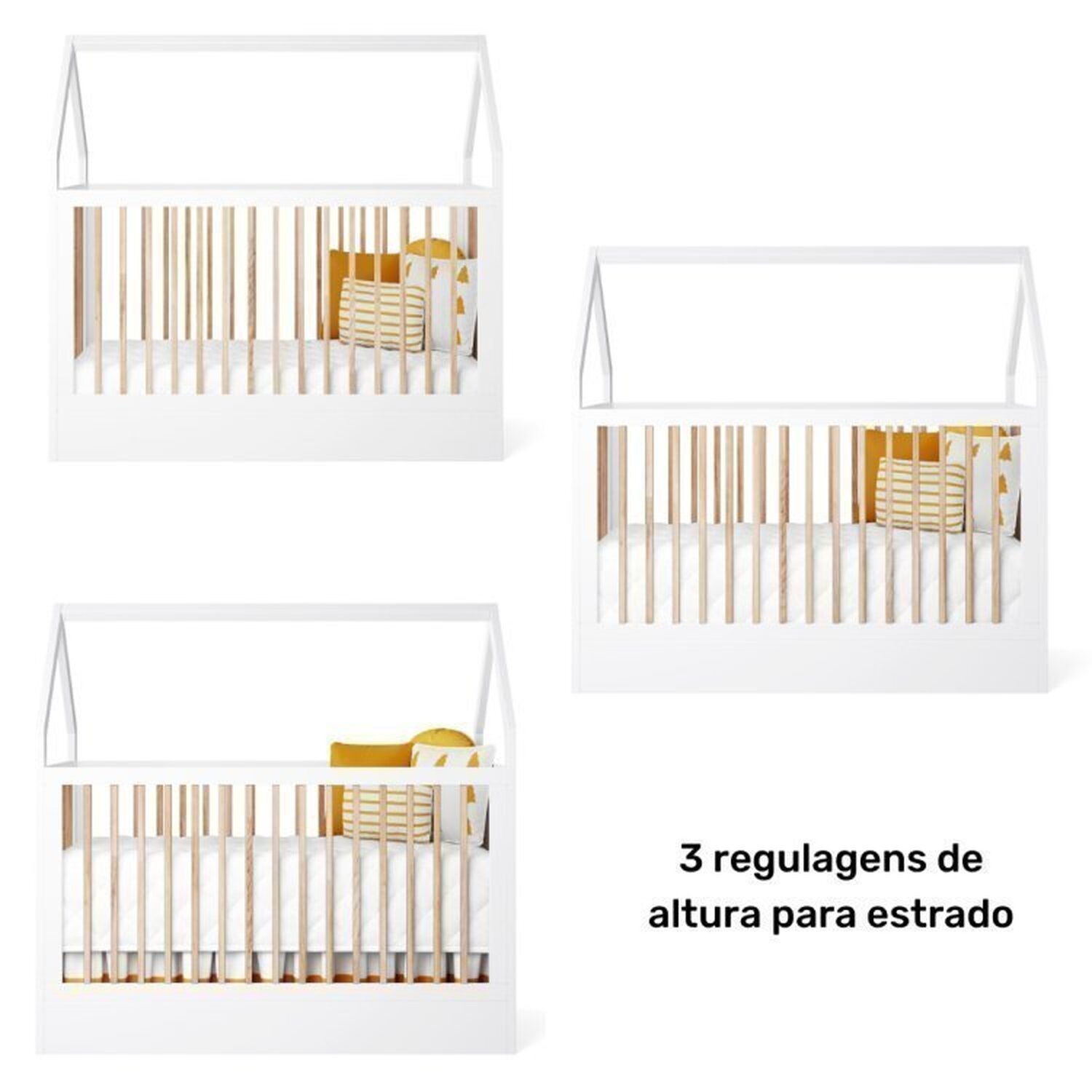 Encontraproduto.com.br - Berço Montessoriano Casinha com Colchão, Comoda e Roupeiro Coleção Wood Branco/Treviso