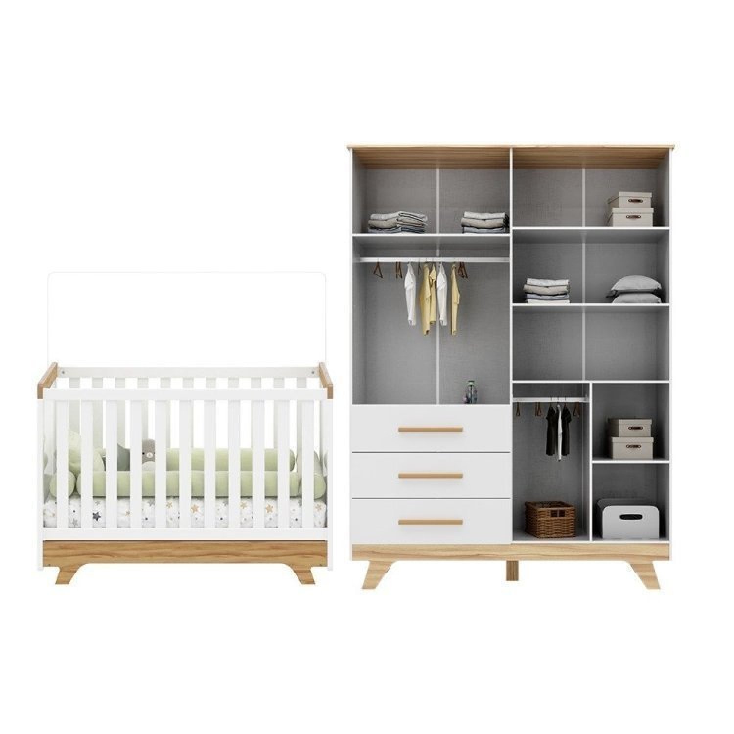 Encontraproduto.com.br - Conjunto Quarto de Bebê com Guarda Roupa e Berço Kakau Retrô Espresso Móveis Branco Brilho/Amêndoa