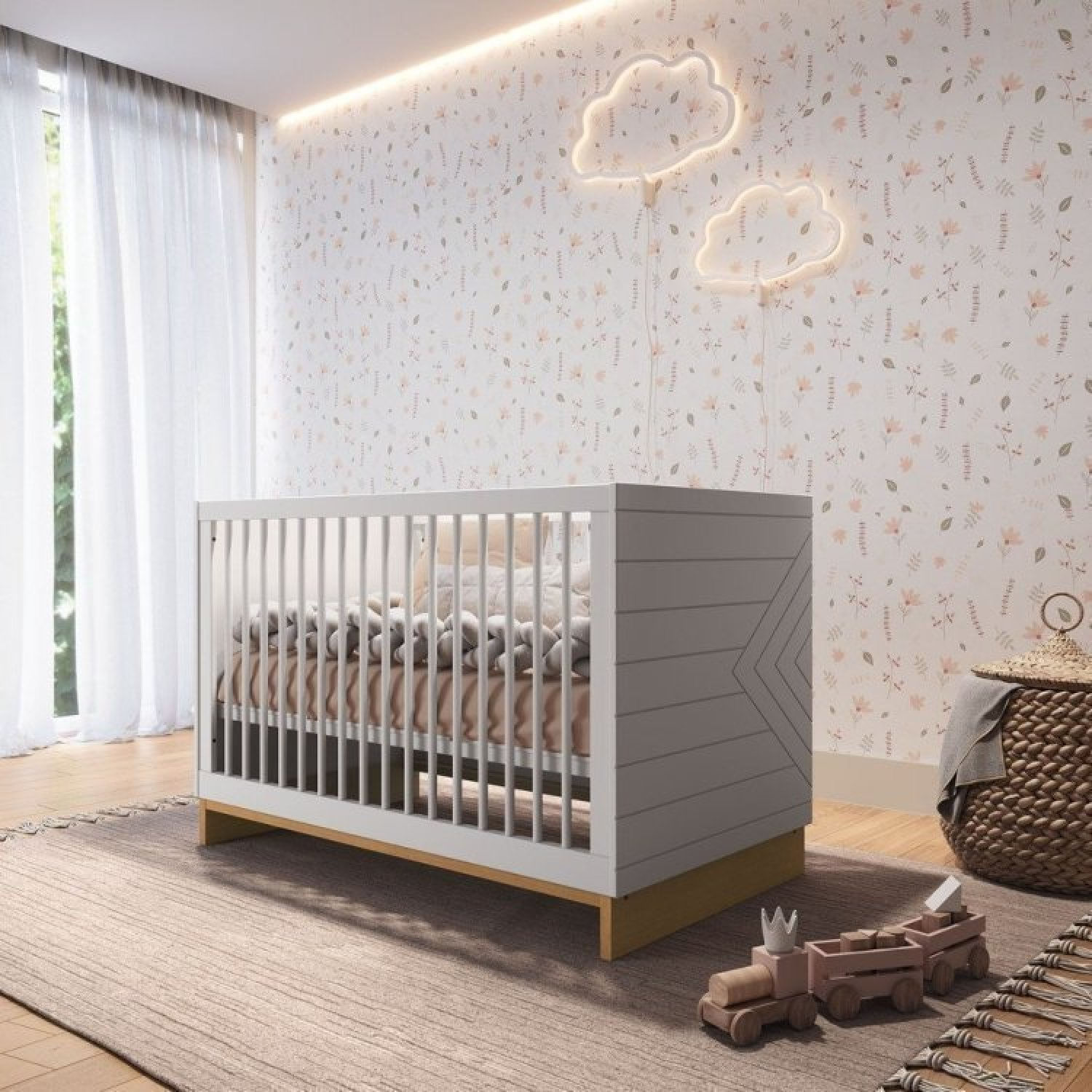 Encontraproduto.com.br - Quarto de Bebê Completo com Berço, Cômoda e Guarda-Roupa Cubo Branco/Plátano