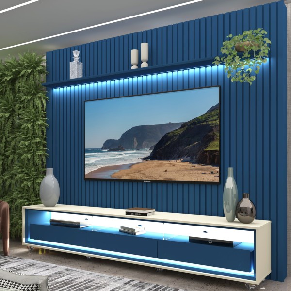 Encontraproduto.com.br - Rack Com Painel Ripado Para Tv Até 85 Polegadas Led 3 Gavetas Com Rodízios 230cm Naturale Azul Royal/off White