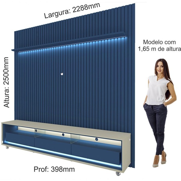 Encontraproduto.com.br - Rack Com Painel Ripado Para Tv Até 85 Polegadas Led 3 Gavetas Com Rodízios 230cm Naturale Azul Royal/off White