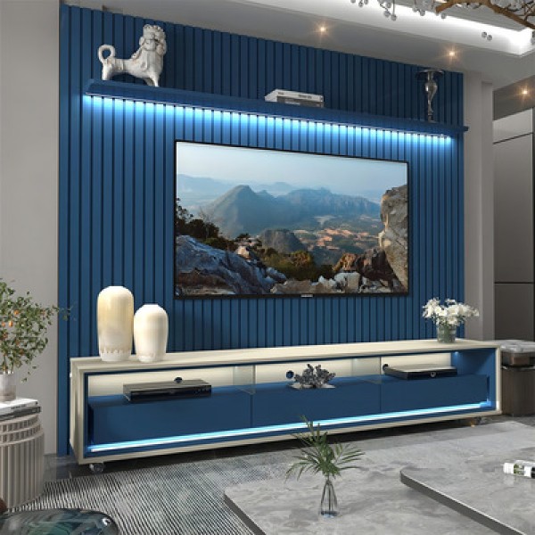Encontraproduto.com.br - Rack Com Painel Ripado Para Tv Até 85 Polegadas Led 3 Gavetas Com Rodízios 230cm Naturale Azul Royal/off White