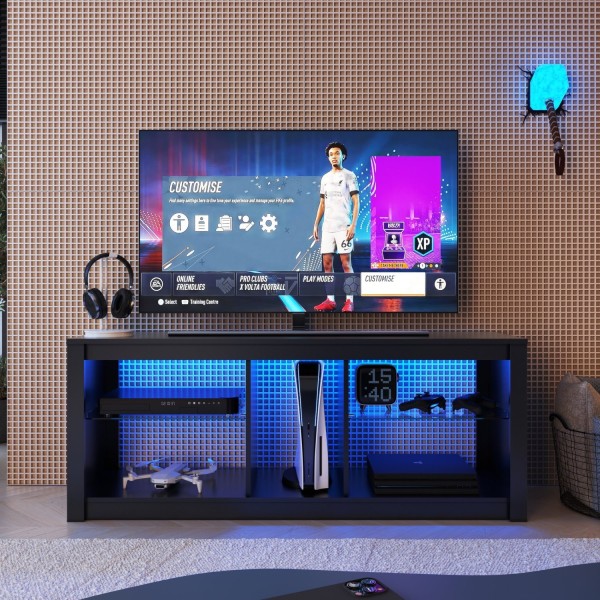 Encontraproduto.com.br - Rack Para Tv Até 55 Polegadas Estilo Gamer Com 2 Prateleiras Em Vidro E Iluminação Em Led Rgb Preto
