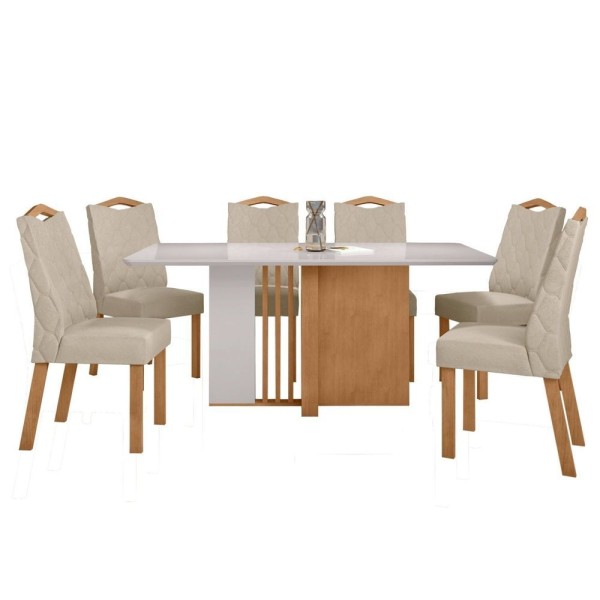 Encontraproduto.com.br - Conjunto Mesa 170cm Astrid Com Vidro E 6 Cadeiras Venus Amêndoa Clean-off White-creme