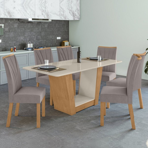 Encontraproduto.com.br - Conjunto Mesa 170cm Apogeu Com 6 Cadeiras Apogeu Amêndoa Clean-off White-capuccino