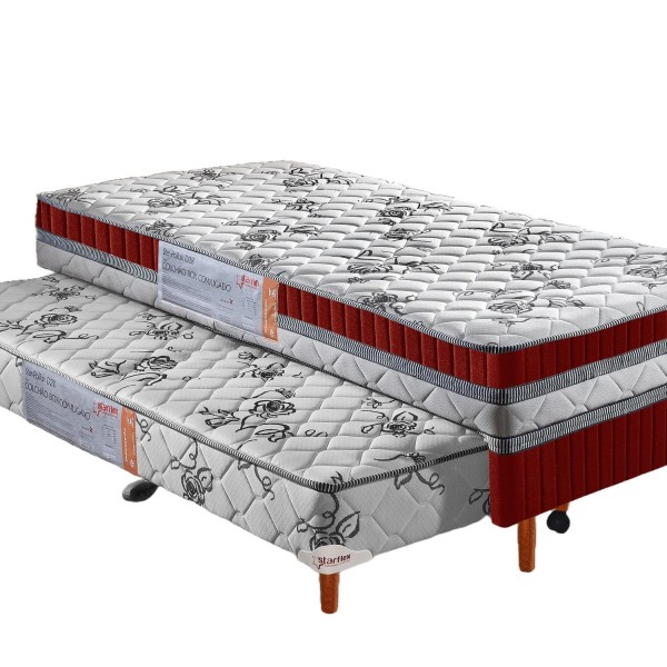 Encontraproduto.com.br - Cama Box Conjugada Solteiro D-28 com Auxiliar 188x88x59 Vermelho/Branco