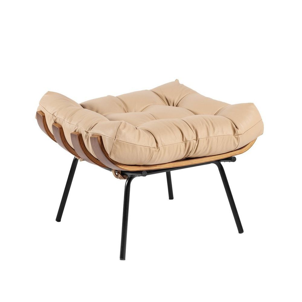 Kit Poltrona Decorativa Em Costela E Puff Couro Bege