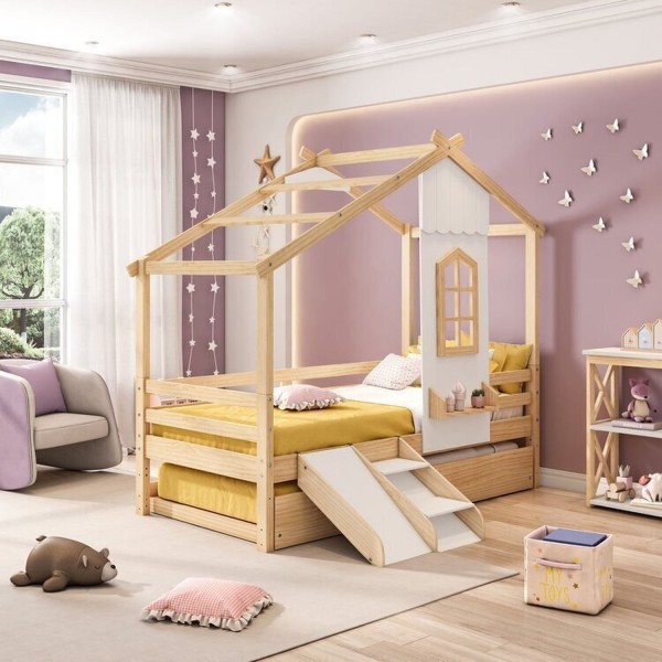 Encontraproduto.com.br - Bicama Infantil Prime House Com Mini Escorregador E Telhado V Casatema Branco-natural
