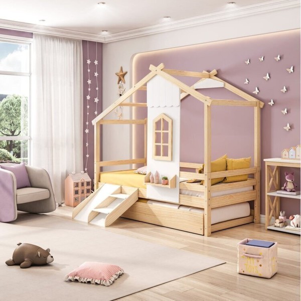 Encontraproduto.com.br - Bicama Infantil Prime House Com Mini Escorregador E Telhado V Casatema Branco-natural