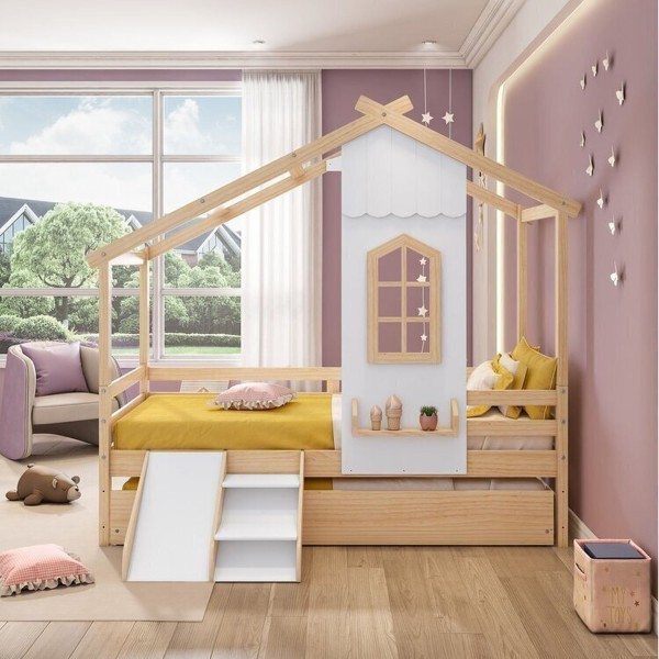 Encontraproduto.com.br - Bicama Infantil Prime House Com Mini Escorregador E Telhado V Casatema Branco-natural