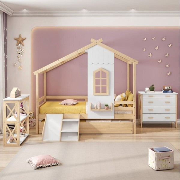Encontraproduto.com.br - Bicama Infantil Prime House Com Mini Escorregador E Telhado V Casatema Branco-natural