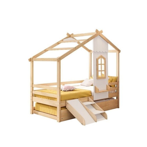 Bicama Infantil Prime House Com Mini Escorregador E Telhado V Casatema Branco-natural