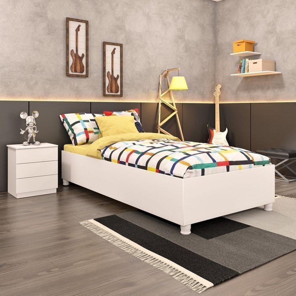 Cama Box Solteiro Mônaco E Mesa De Cabeceira Veronna Neve