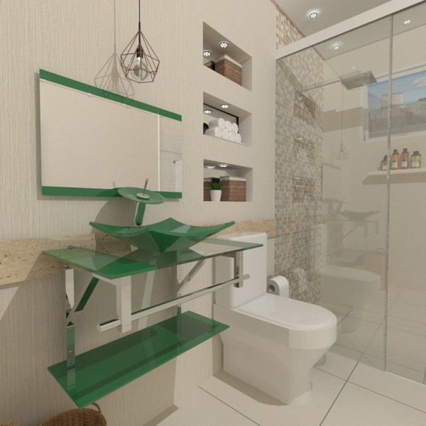 Gabinete De Vidro 80cm Inox Com Cuba Quadrada Verde