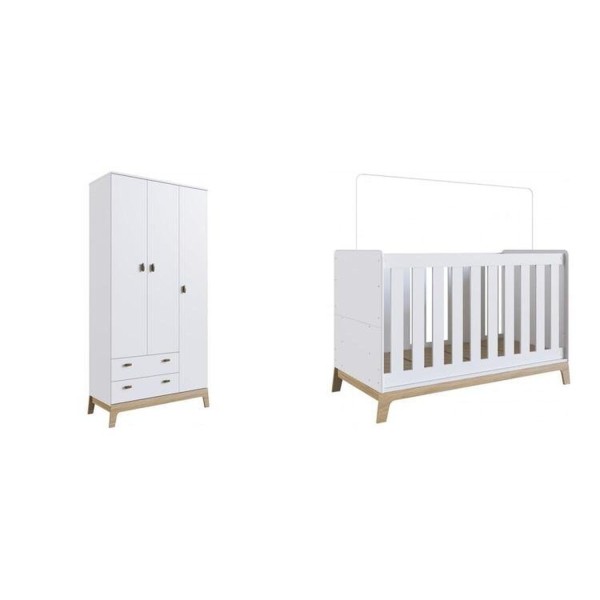 Encontraproduto.com.br - Conjunto Berço 3 em 1 com Colchão + Guarda-roupas Branco
